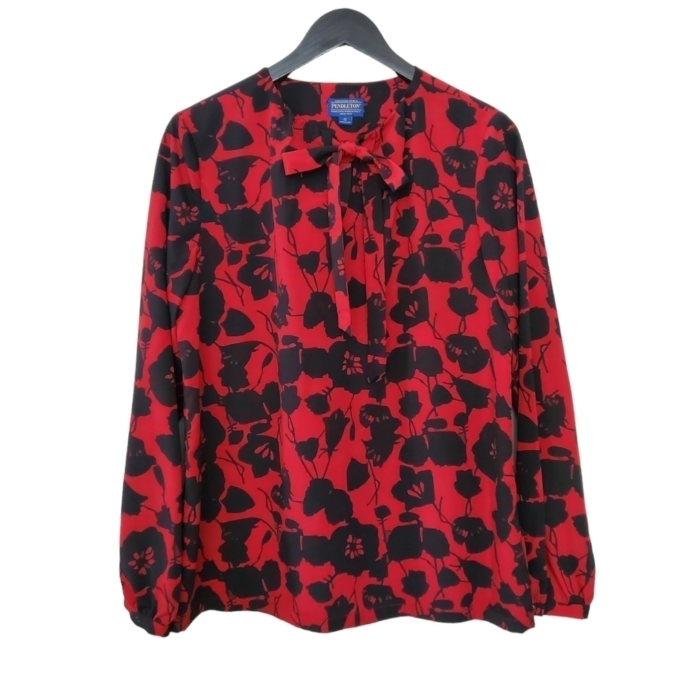 Pendleton Women's Long Sleeve Blouse Floral Tie Neck Size 12